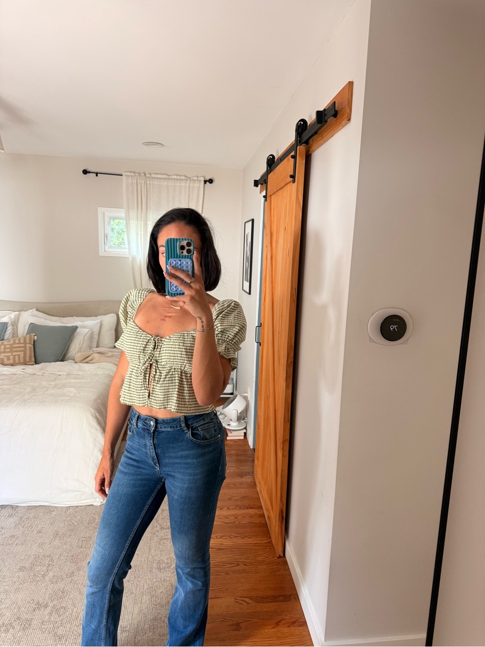 Reformation Olive Green Gingham Tie-Front Puff Sleeve Crop Top - Picture 3 of 6